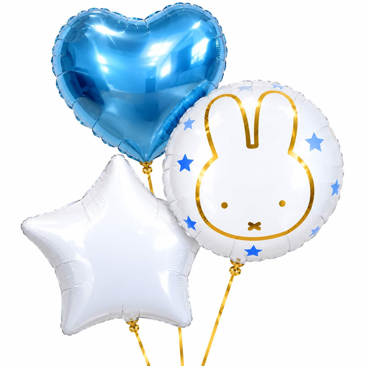 Nijntje trosje Ballonnen Blauw – drie met helium gevulde ballonnen met gouden lintjes