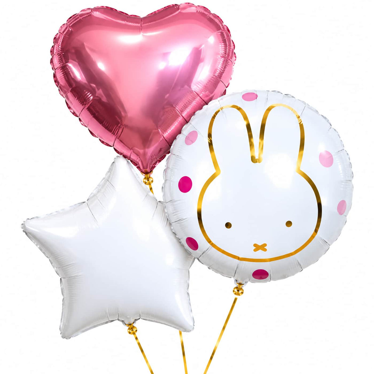 Nijntje trosje Ballonnen Roze – drie met helium gevulde ballonnen met gouden lintjes