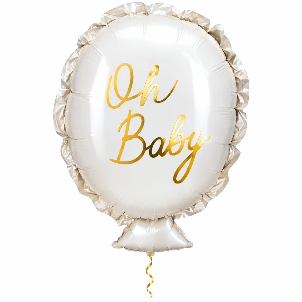 Oh Baby Helium Ballon met dun metallic-gouden lint op witte achtergrond – Ballonnenshop.nl