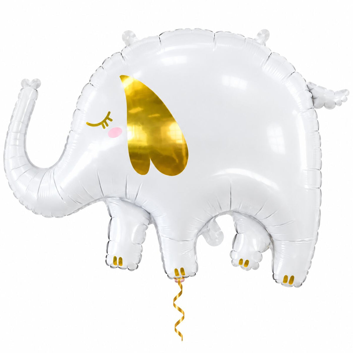 Olifant Helium XL Ballon met dun metallic gouden lint op witte achtergrond – Ballonnenshop.nl