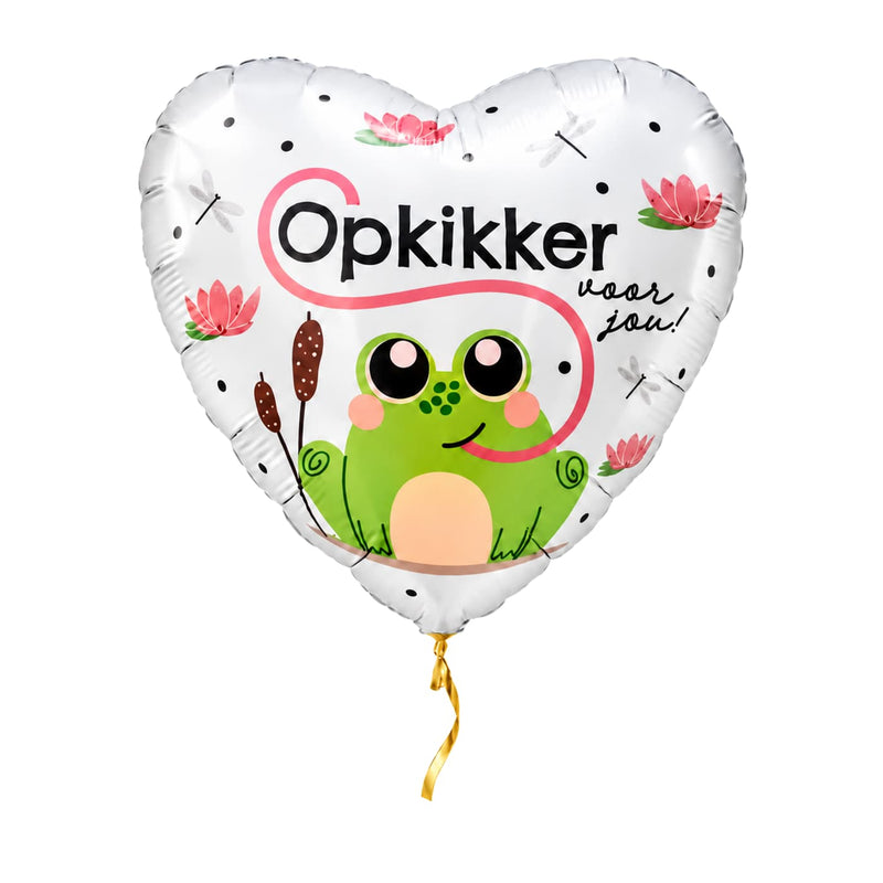 Opkikker Voor Jou helium ballon van 43 cm in hartvorm met gouden lint