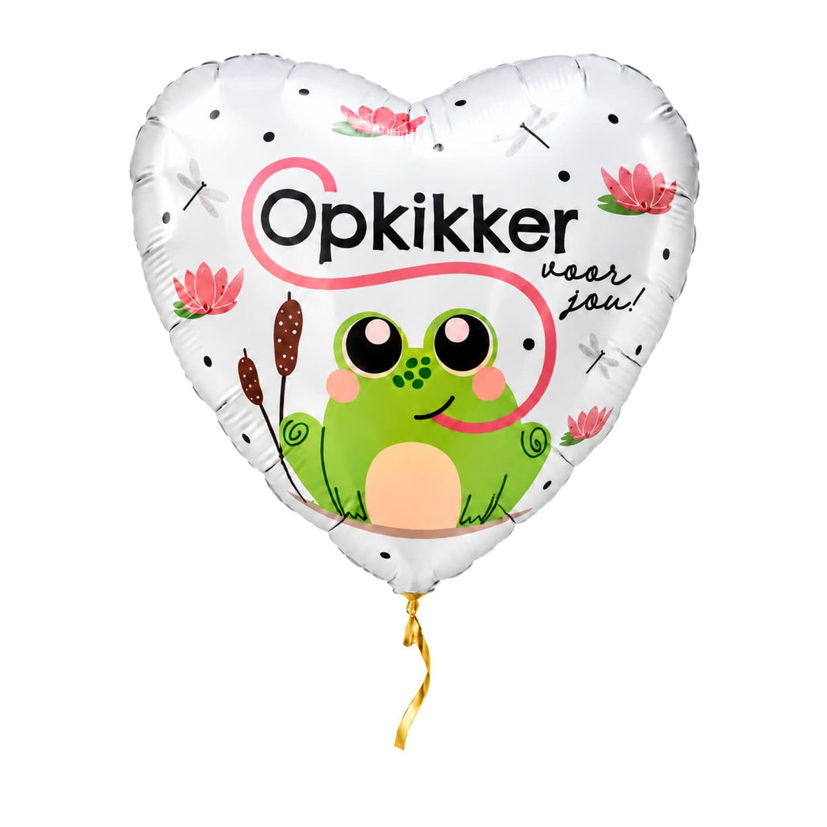 Opkikker Voor Jou helium ballon van 43 cm in hartvorm met gouden lint
