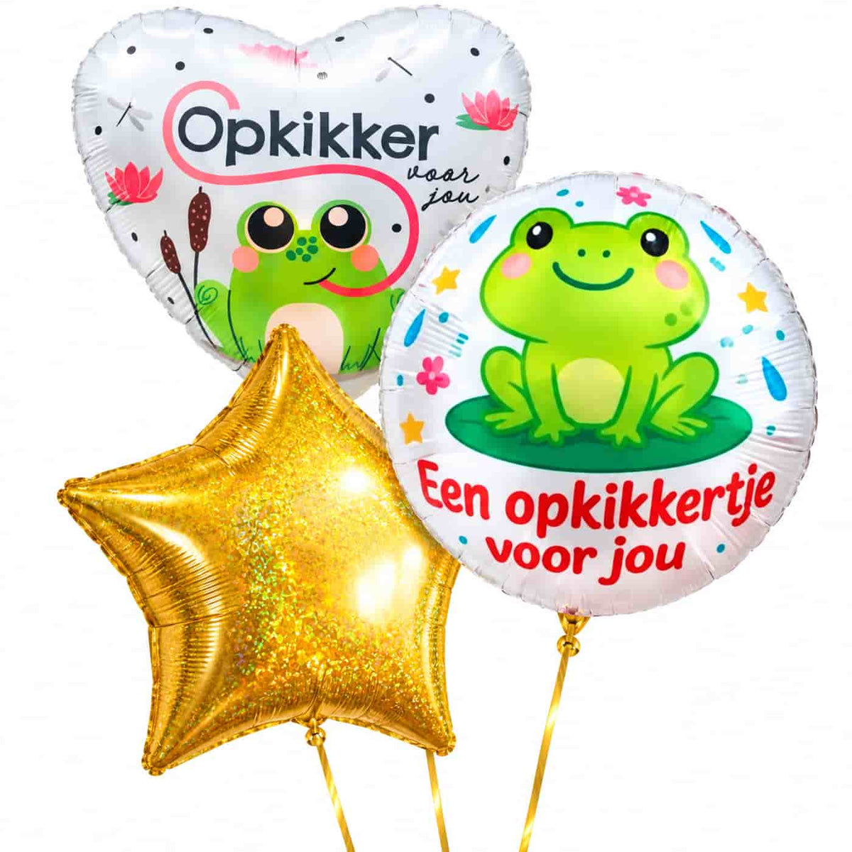 Opkikker Voor Jou Trosje – heliumgevulde ballonnen met dunne gouden lintjes op een witte achtergrond