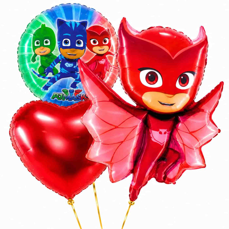 Owlette PJ Masks Trosje – heliumgevulde ballonnen met dunne gouden lintjes op een witte achtergrond