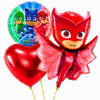 Owlette PJ Masks Trosje – heliumgevulde ballonnen met dunne gouden lintjes op een witte achtergrond