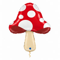 Paddenstoel Helium Ballon met dun metallic gouden lint op witte achtergrond – Ballonnenshop.nl