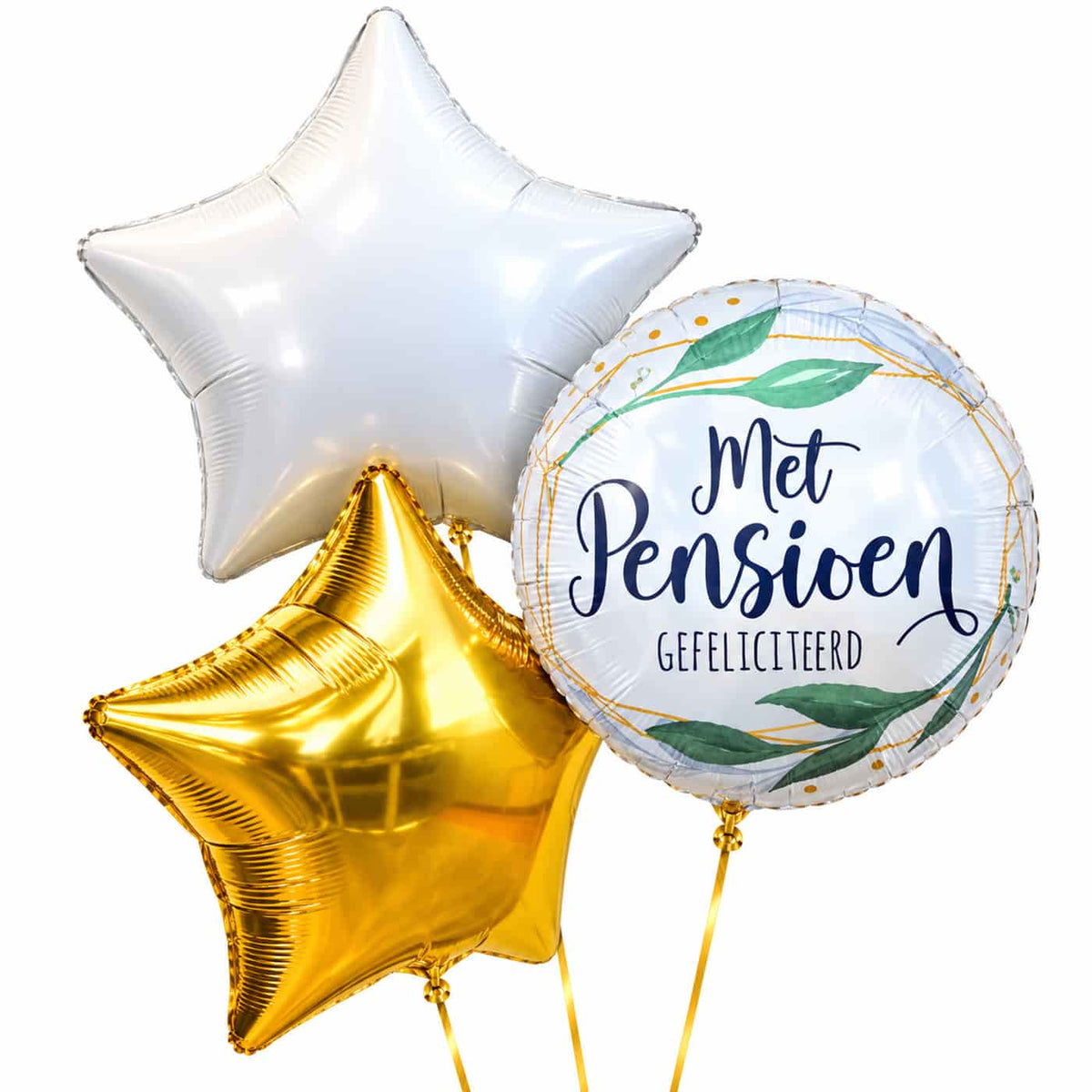 Pensioen Trosje Goud/Wit/Groen – heliumgevulde ballonnen met dunne gouden lintjes op een witte achtergrond