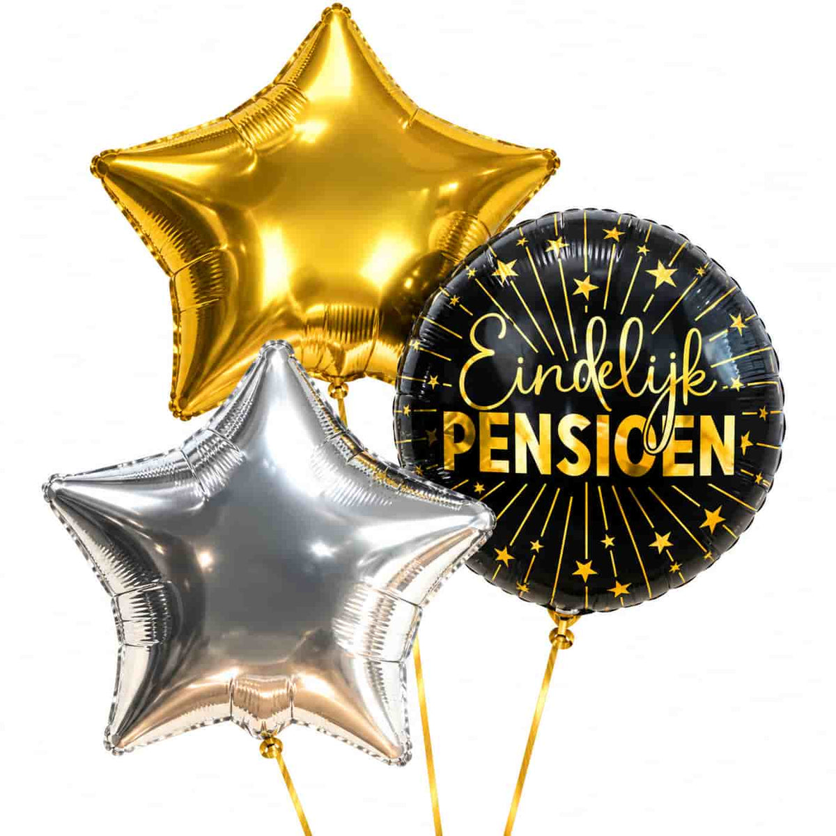 Pensioen Trosje Goud/Zilver/Zwart – heliumgevulde ballonnen met dunne gouden lintjes op een witte achtergrond