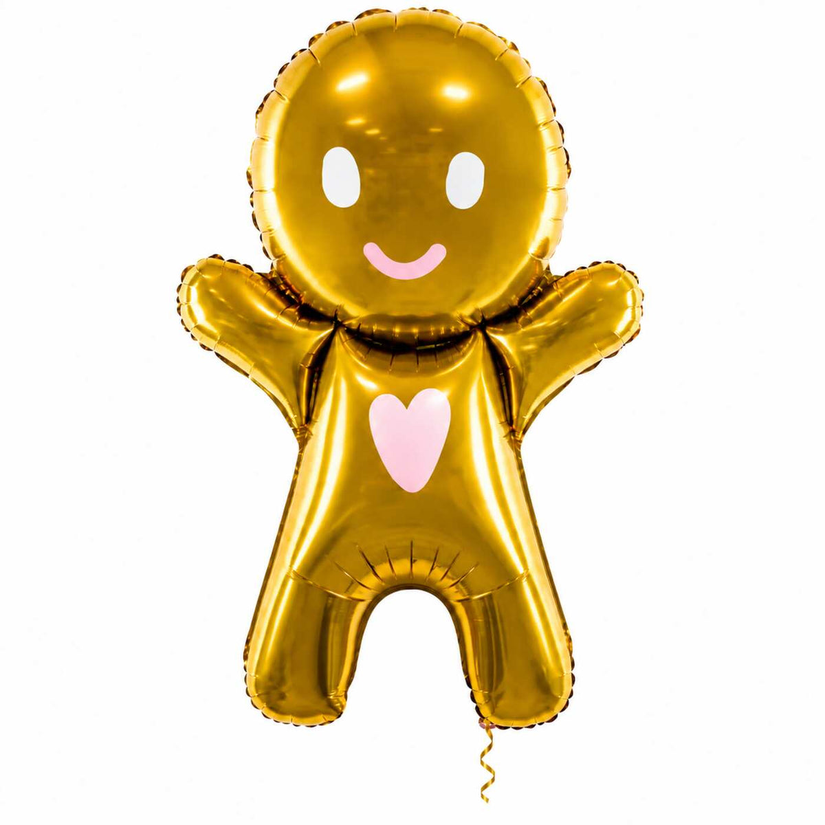Peperkoekmannetje XL Ballon met dun metallic gouden lint op witte achtergrond – Ballonnenshop.nl