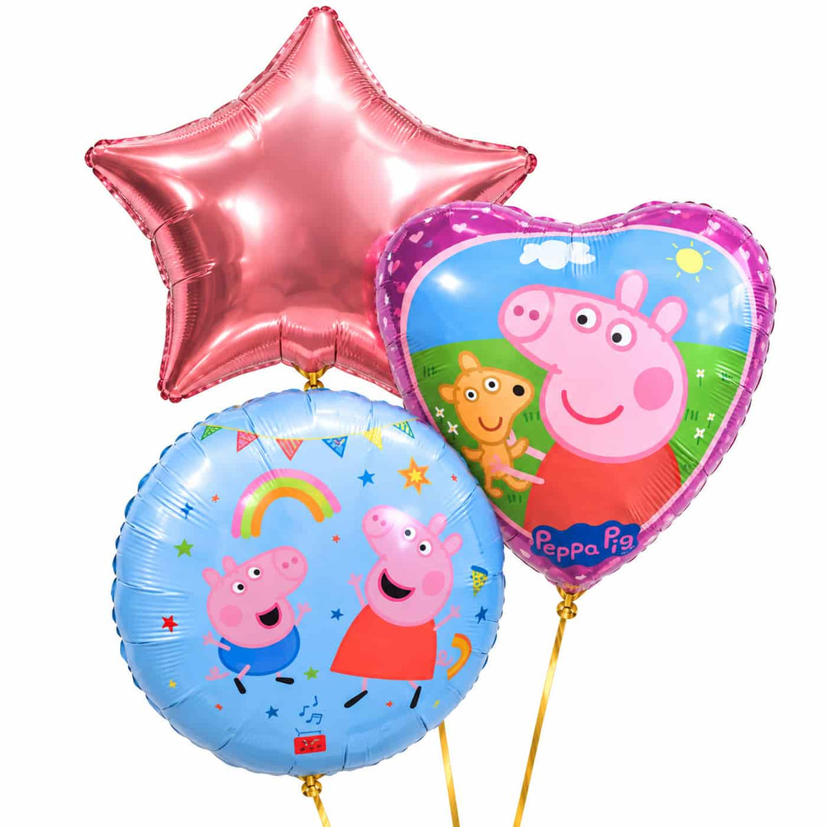 Peppa Pig Trosje Paars/Roze/Blauw – heliumgevulde ballonnen met dunne gouden lintjes op een witte achtergrond