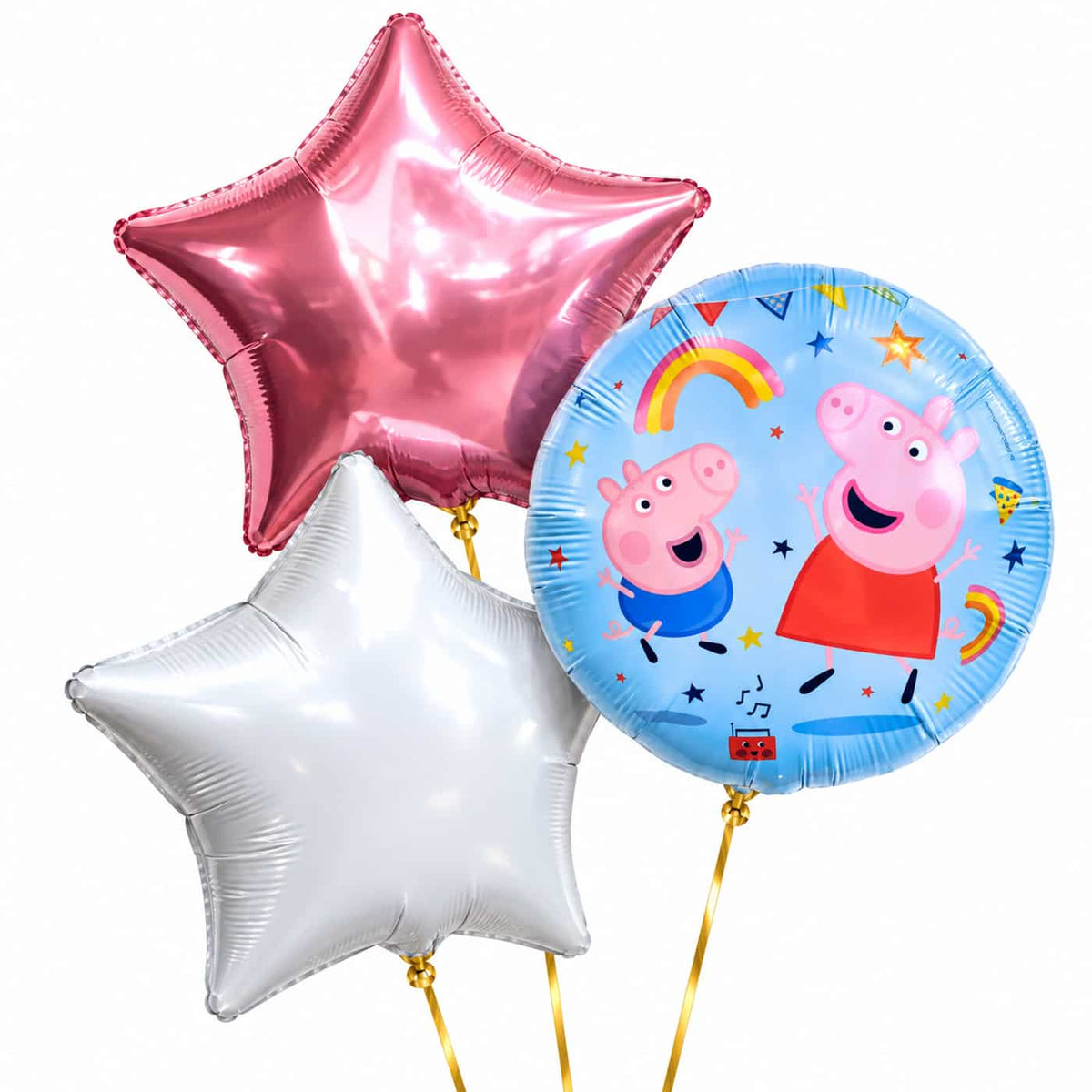 Peppa Pig Trosje Wit/Roze/Blauw – heliumgevulde ballonnen met dunne gouden lintjes op een witte achtergrond