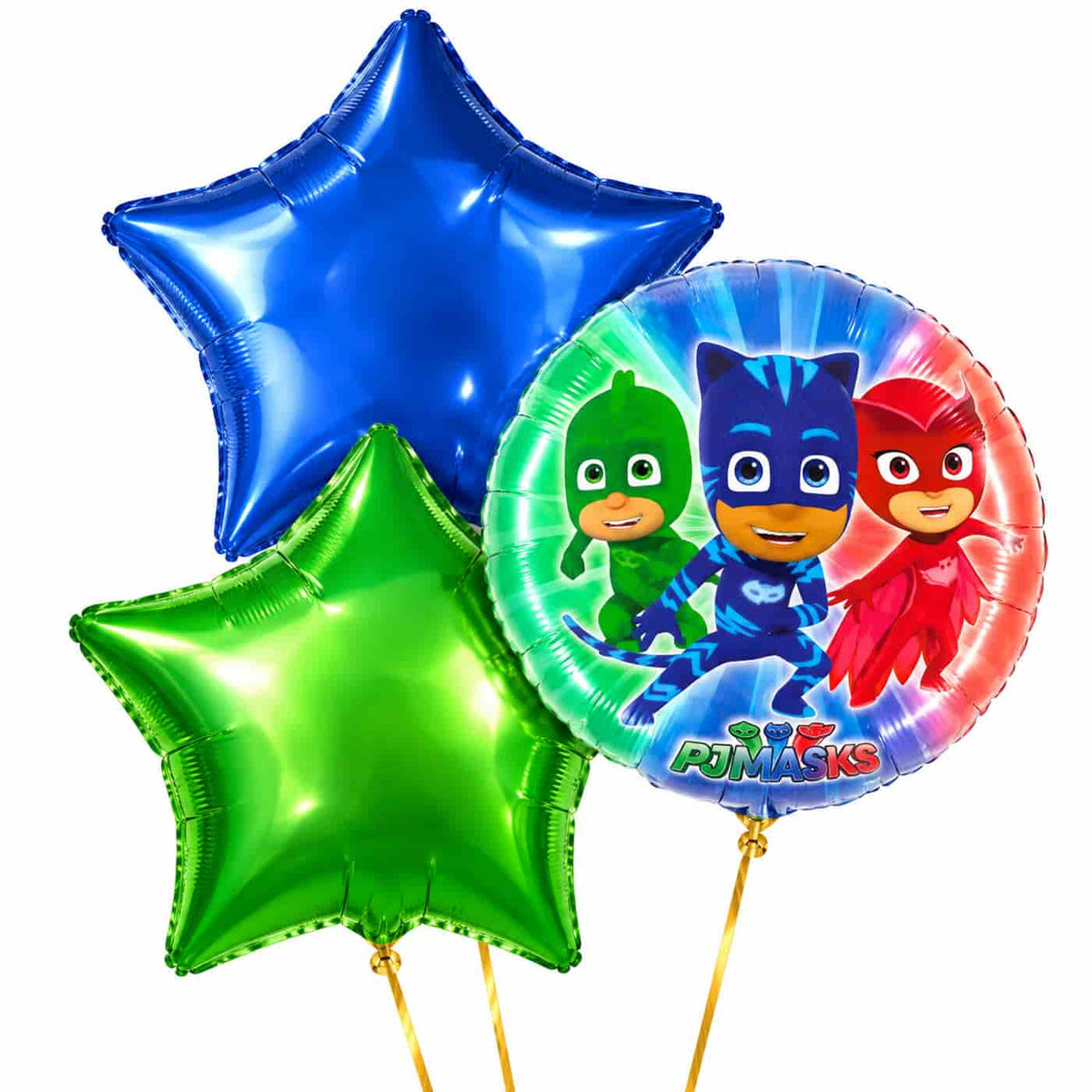 PJ Masks Gekko, Owlette & Catboy Trosje – heliumgevulde ballonnen met dunne gouden lintjes op een witte achtergrond