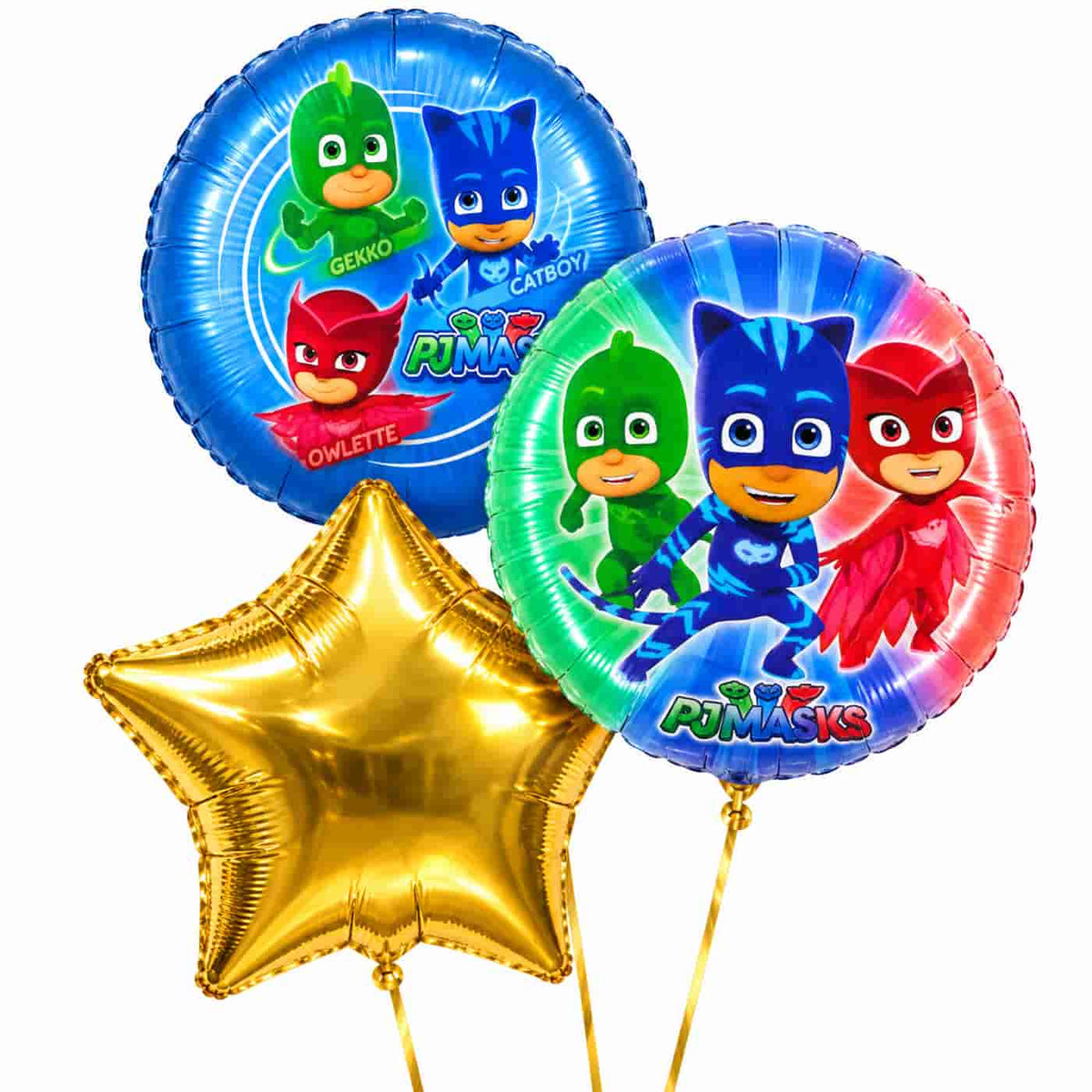 PJ Masks Trosje – heliumgevulde ballonnen met dunne gouden lintjes op een witte achtergrond