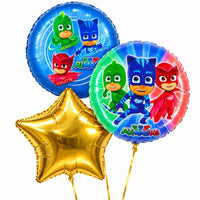 PJ Masks Trosje – heliumgevulde ballonnen met dunne gouden lintjes op een witte achtergrond