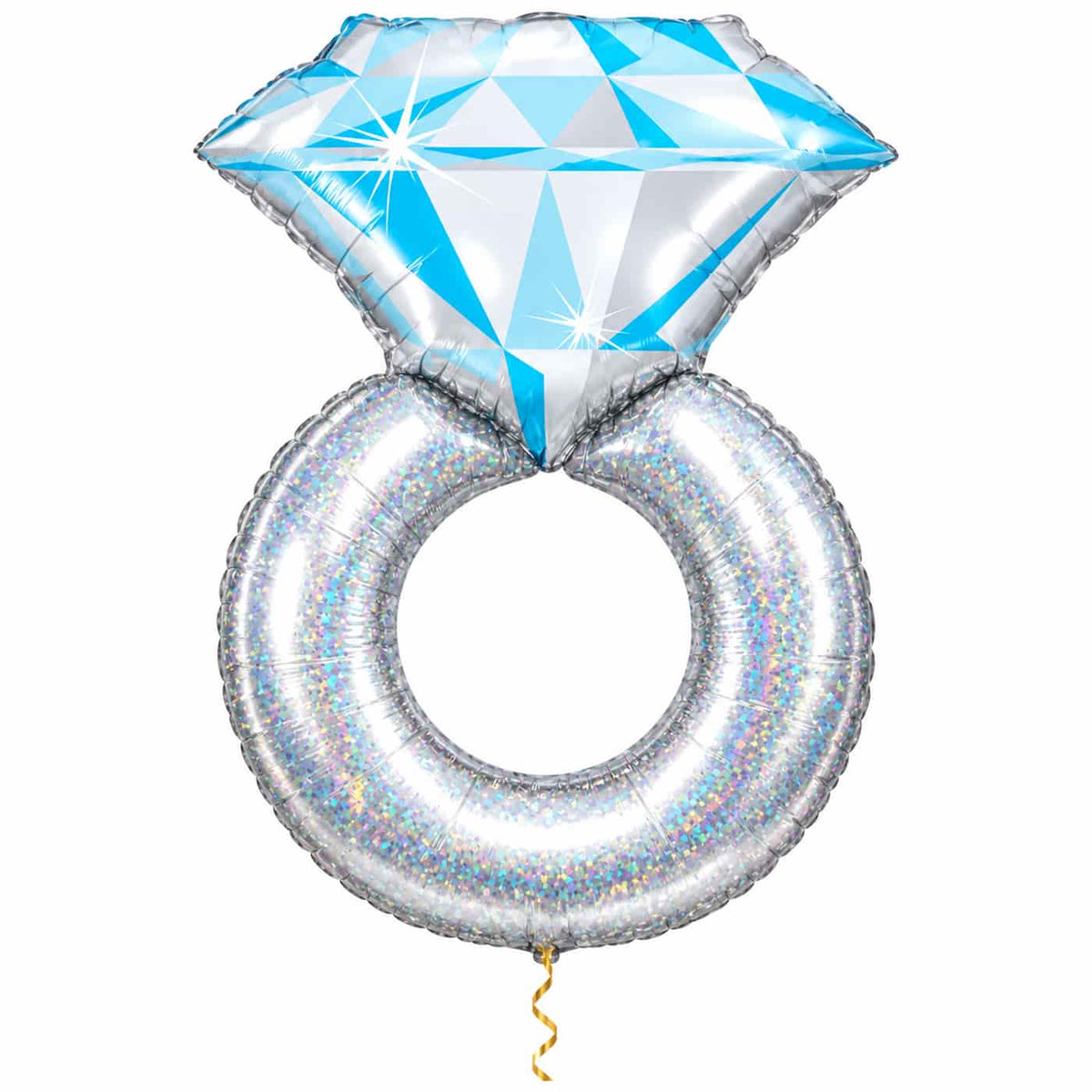 Platinum Zilveren Ring XL Ballon van 79 cm, gevuld met helium, met dun metallic gouden lint op witte achtergrond – Ballonnenshop.nl