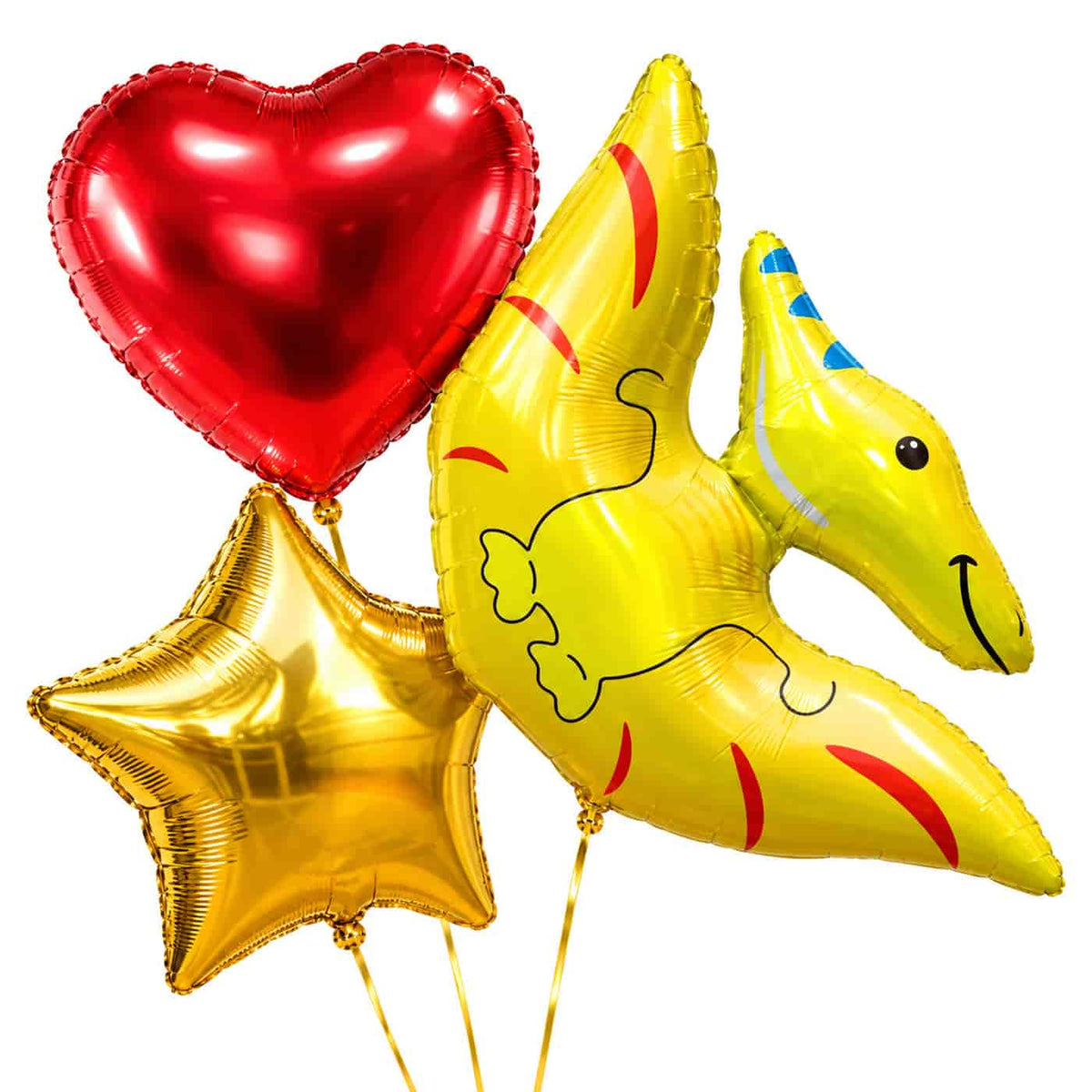 Pterodactyl Dino Trosje Goud/Rood/Geel – heliumgevulde ballonnen met dunne gouden lintjes op een witte achtergrond