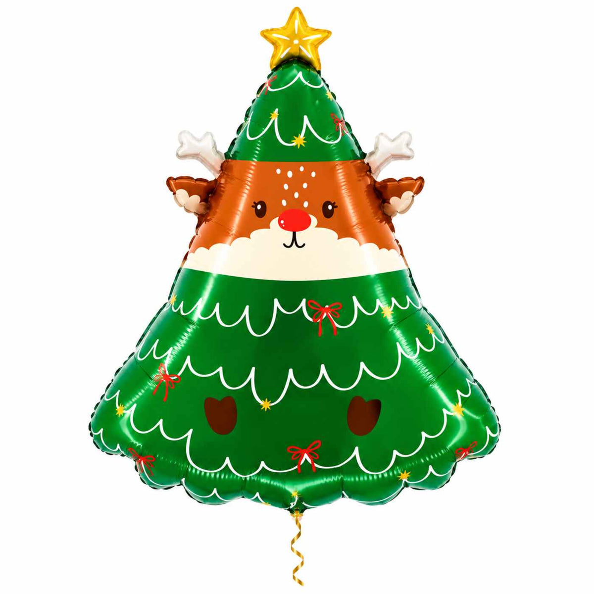 Rendier In Kerstboom Ballon met dun metallic gouden lint op witte achtergrond – Ballonnenshop.nl