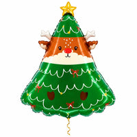Rendier In Kerstboom Ballon met dun metallic gouden lint op witte achtergrond – Ballonnenshop.nl