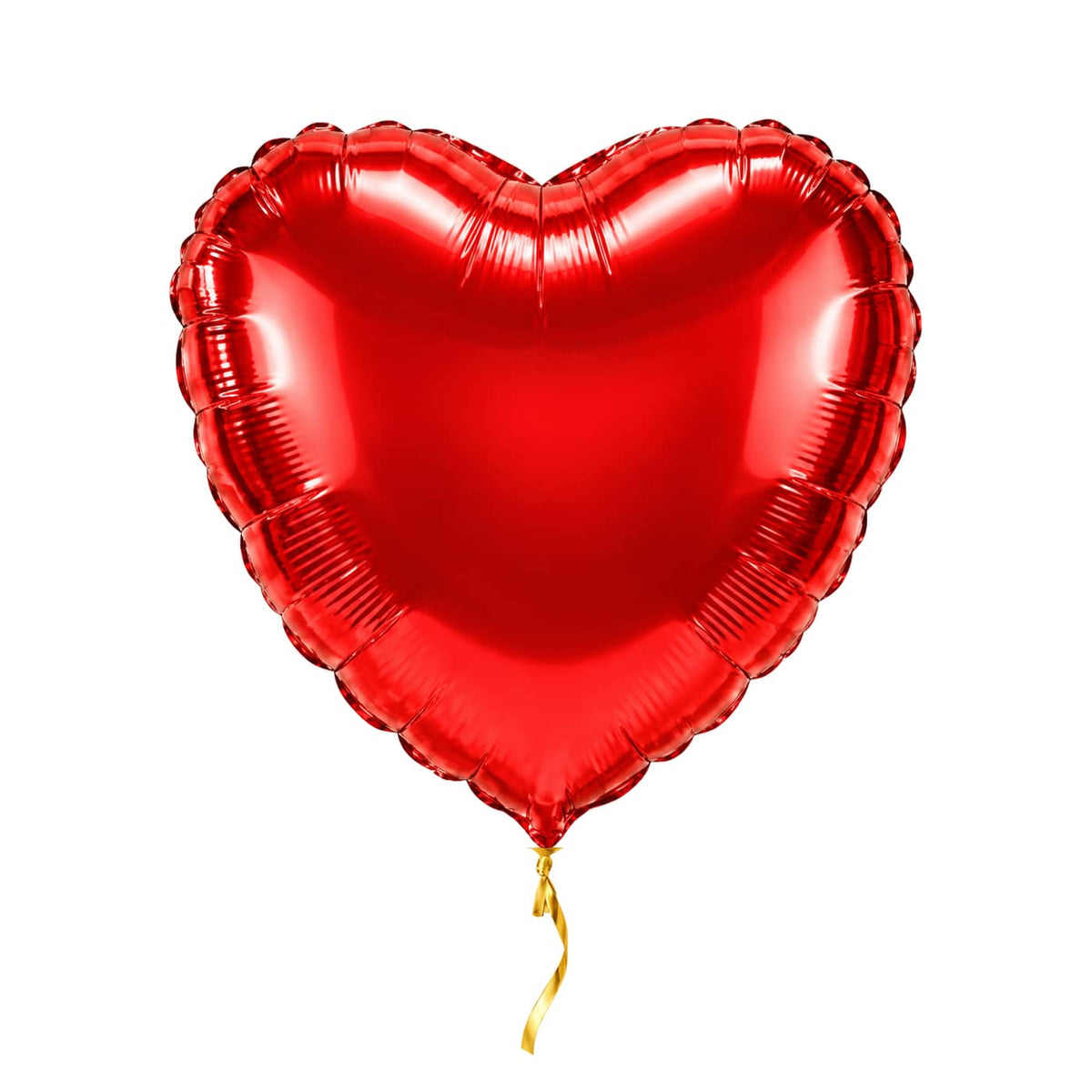 Rood hart helium ballon van glanzende folie met kort gouden lint