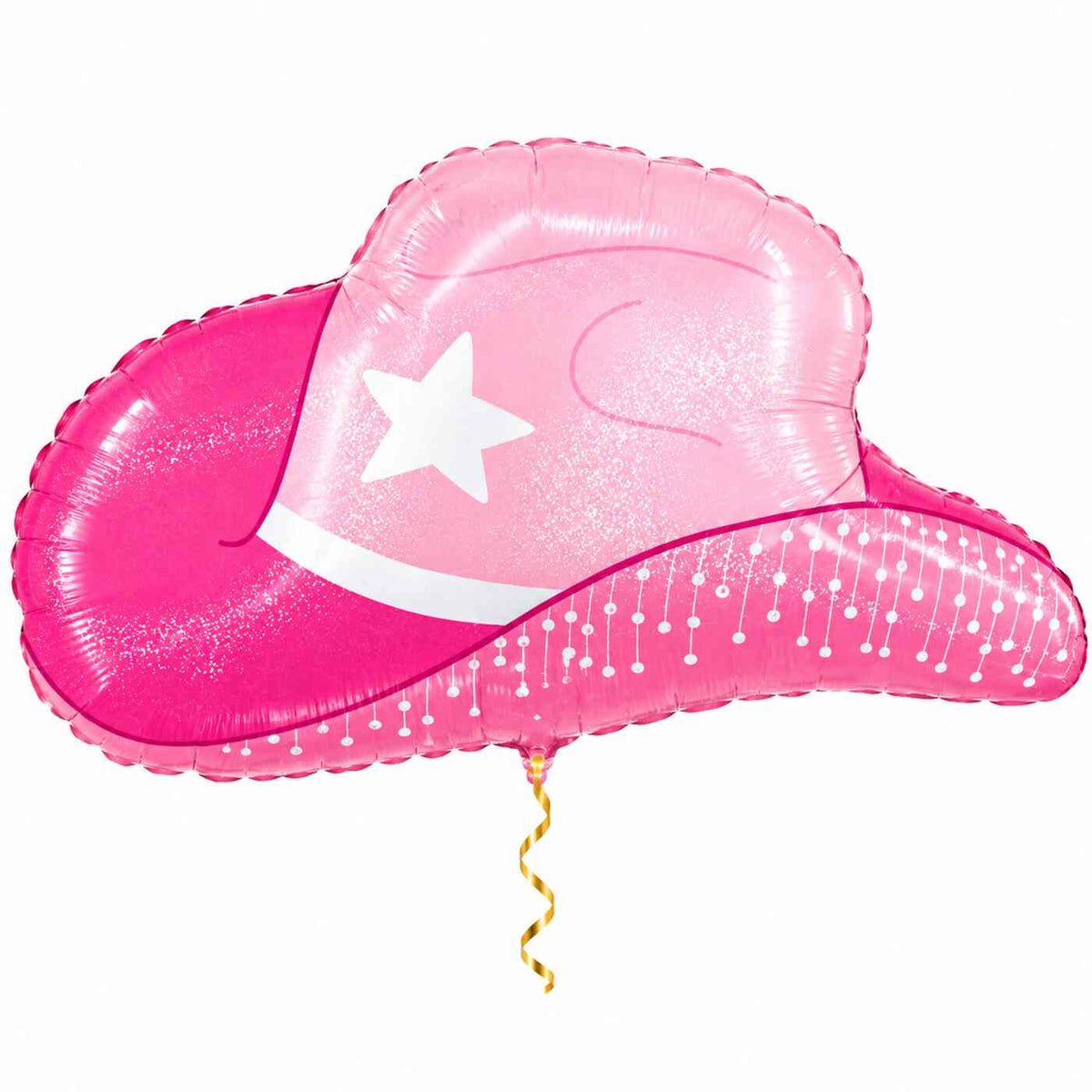 Roze Cowboyhoed Helium XL Ballon met dun metallic gouden lint op witte achtergrond – Ballonnenshop.nl