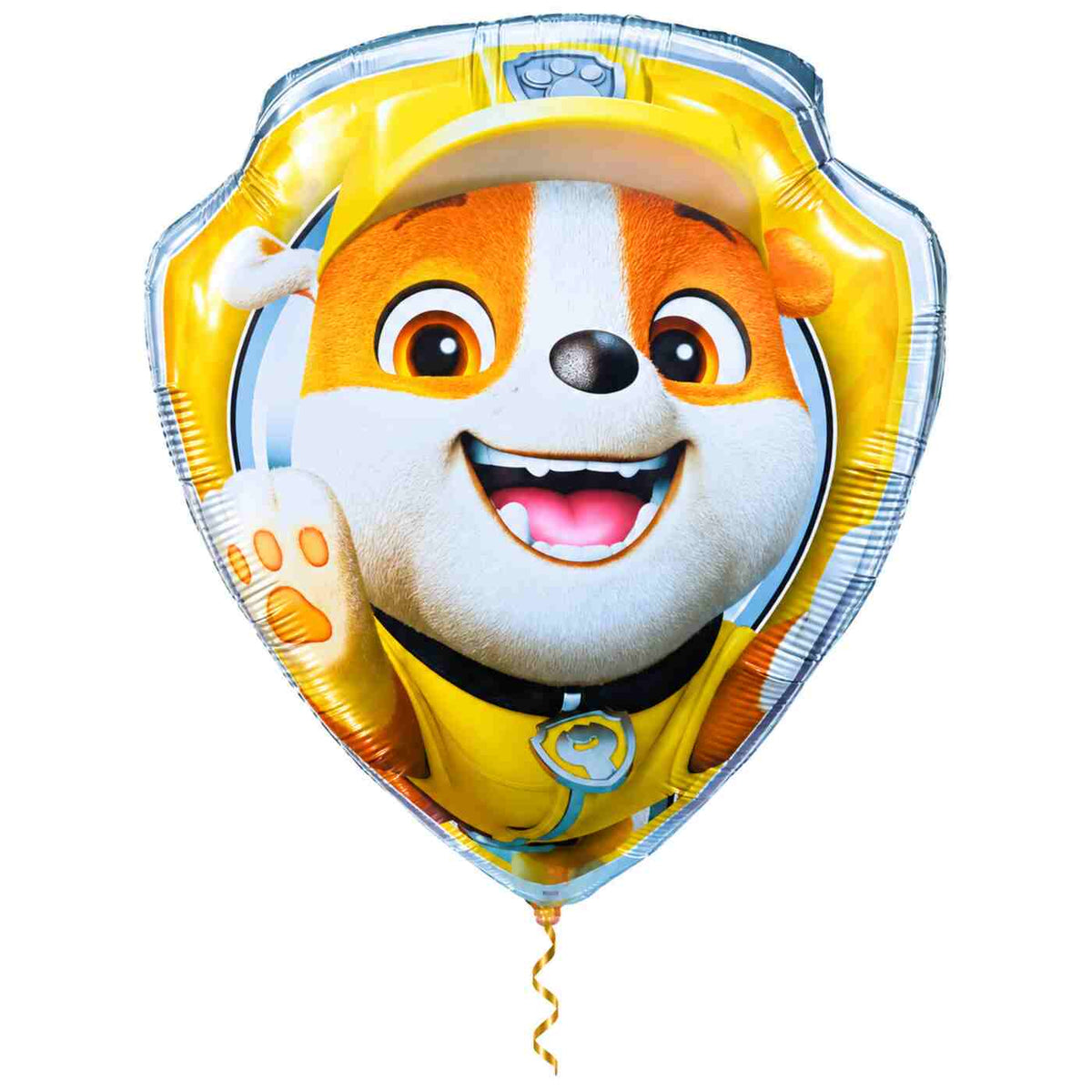 Rubble Paw Patrol XL Ballon met dun metallic gouden lint op witte achtergrond – Ballonnenshop.nl