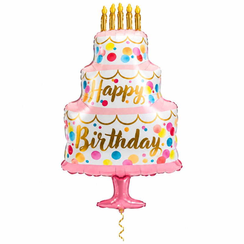 Satijnen Verjaardagstaart XL met dun metallic gouden lint op witte achtergrond – Ballonnenshop.nl