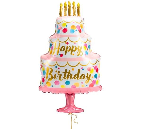 Satijnen Verjaardagstaart Roze Happy Birthday Helium Ballon - Gevuld Met Helium - 104 cm - Ballonnenshop.nl