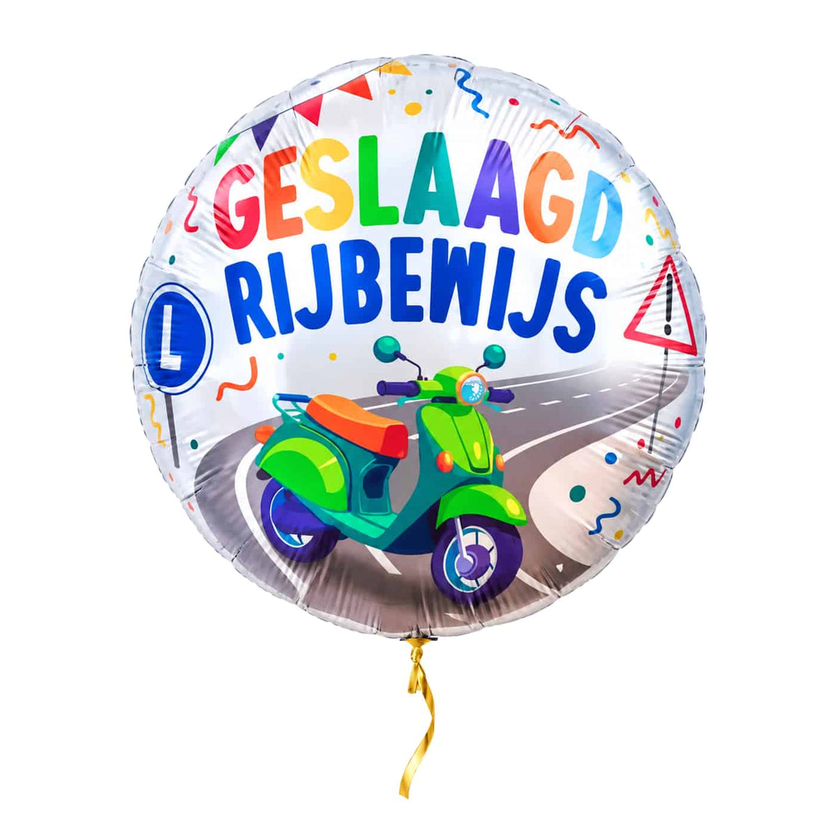 Scooter Rijbewijs Geslaagd Ballon – met helium gevuld, met gouden lint