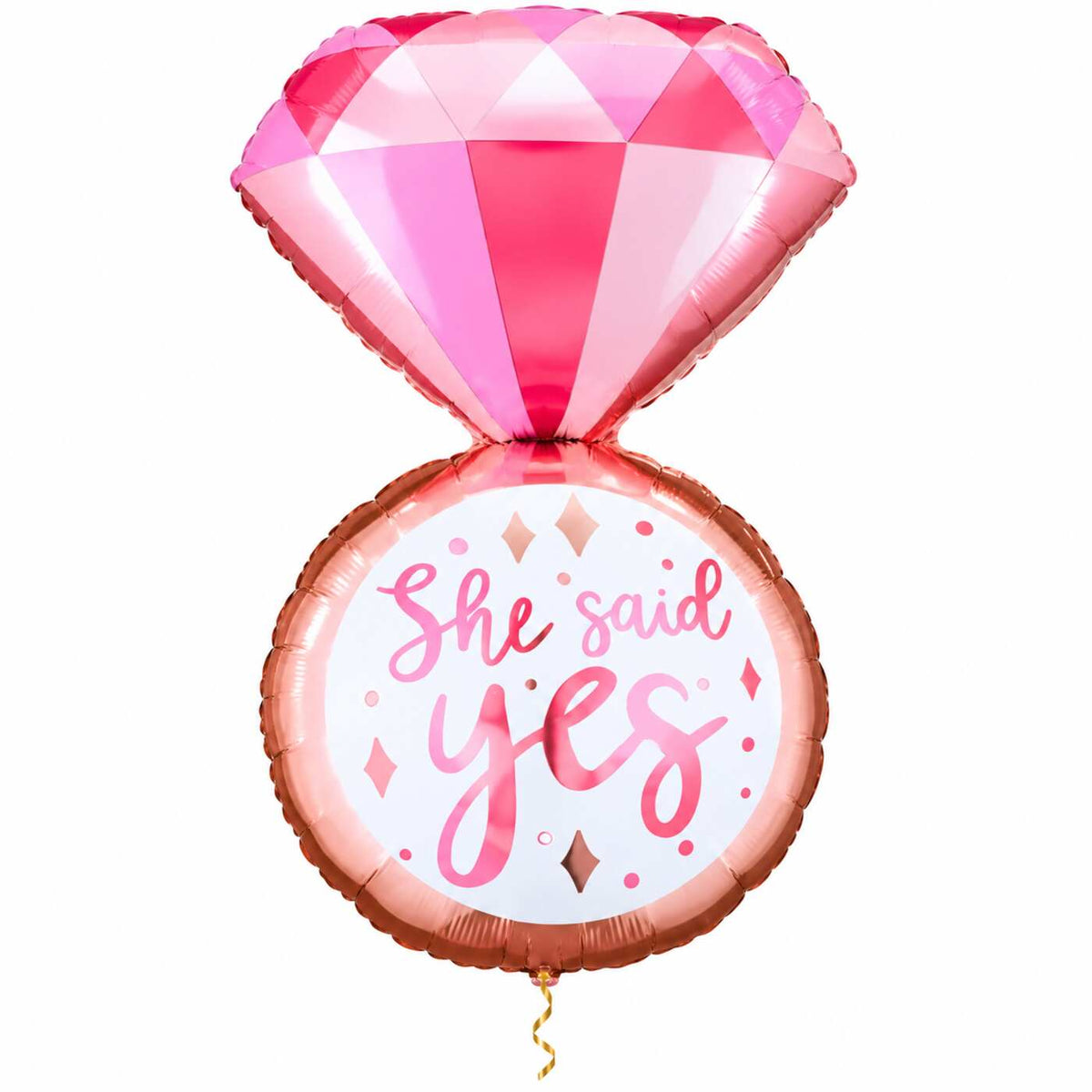 She Said Yes Helium XL Ballon met dun metallic gouden lint op witte achtergrond – Ballonnenshop.nl