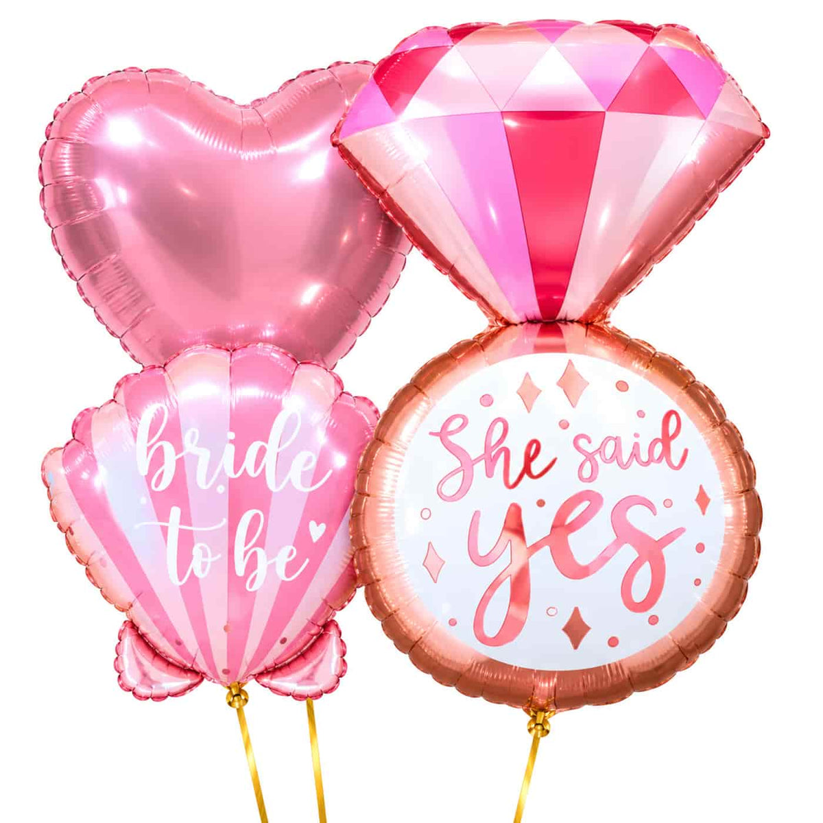 She Said Yes XL Trosje Ballonnen – heliumgevulde ballonnen met dunne gouden lintjes op een witte achtergrond