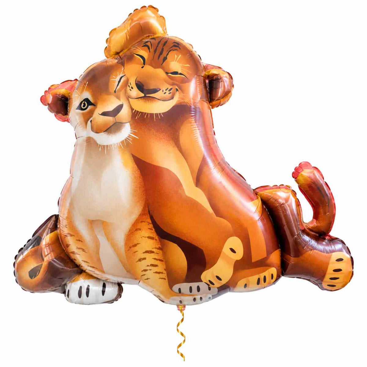 Simba & Nala Lion King XL Ballon met dun metallic gouden lint op witte achtergrond – Ballonnenshop.nl