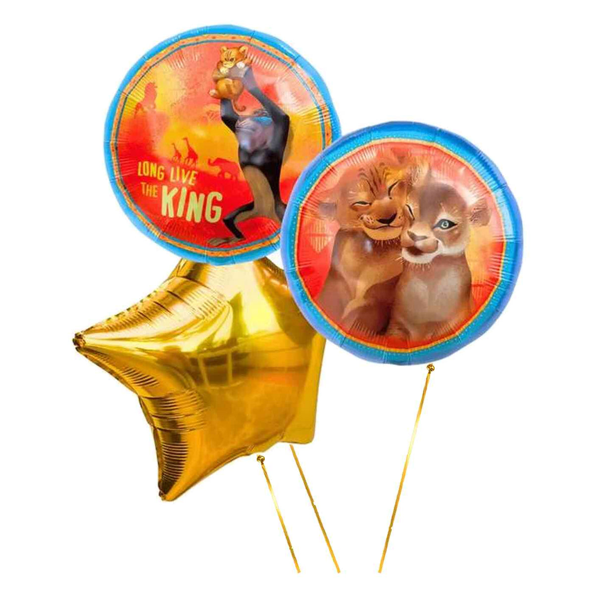 Simba & Nala Lion King Trosje – heliumgevulde ballonnen met dunne metallic-gouden lintjes op een witte achtergrond