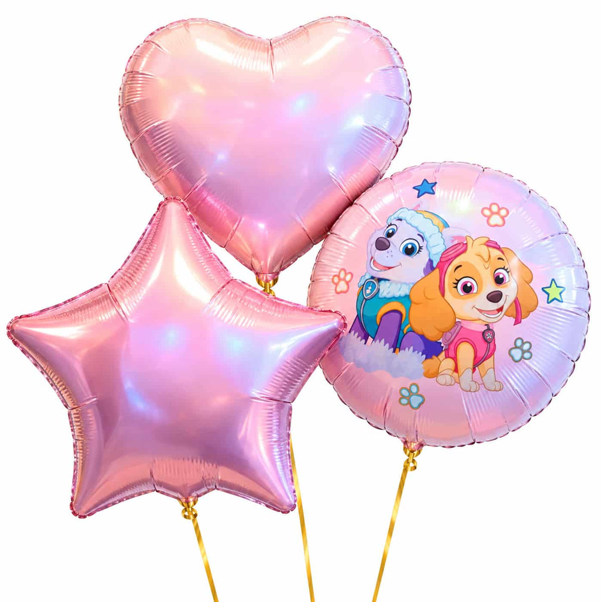 Skye & Everest Paw Patrol Trosje – heliumgevulde ballonnen met dunne gouden lintjes op een witte achtergrond