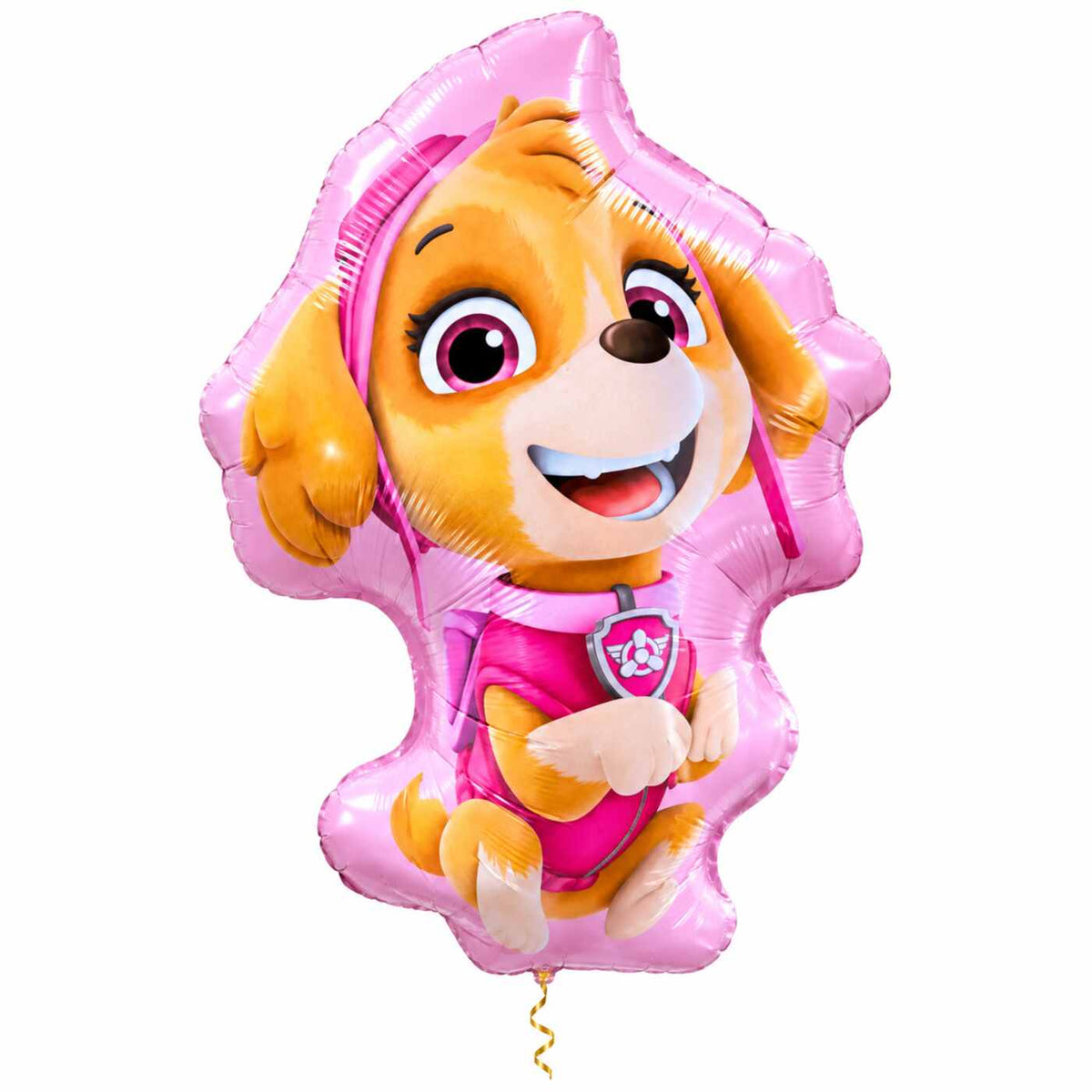 Skye Paw Patrol Helium XL Ballon met dun metallic gouden lint op witte achtergrond – Ballonnenshop.nl