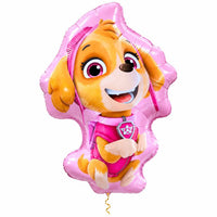 Skye Paw Patrol Helium XL Ballon met dun metallic gouden lint op witte achtergrond – Ballonnenshop.nl