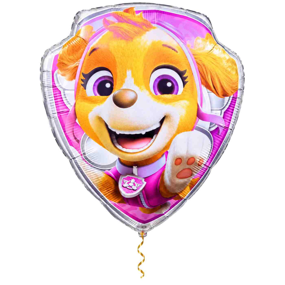 Skye Paw Patrol Helium XL Ballon met dun metallic gouden lint op witte achtergrond – Ballonnenshop.nl