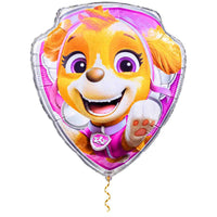 Skye Paw Patrol Helium XL Ballon met dun metallic gouden lint op witte achtergrond – Ballonnenshop.nl