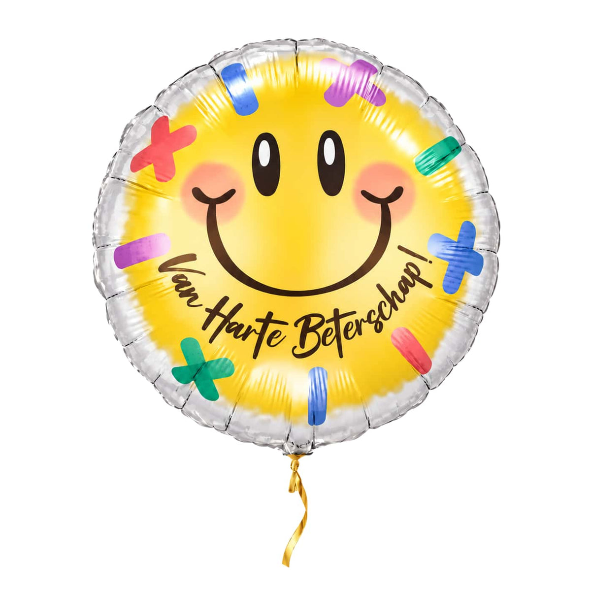 Smiley Van Harte Beterschap helium ballon van 43 cm met gouden lint