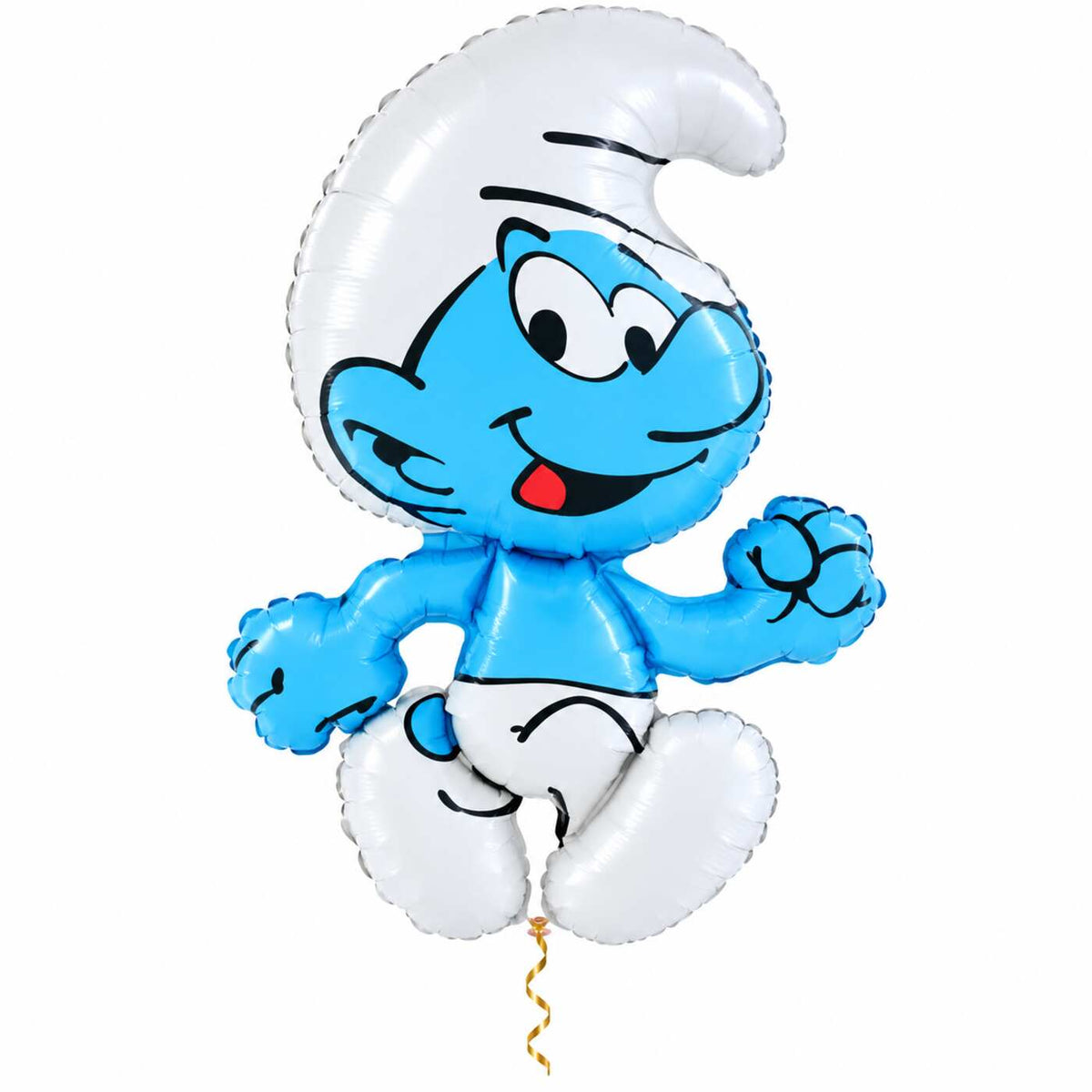 Smurf Helium XL Ballon met dun metallic gouden lint op witte achtergrond – Ballonnenshop.nl