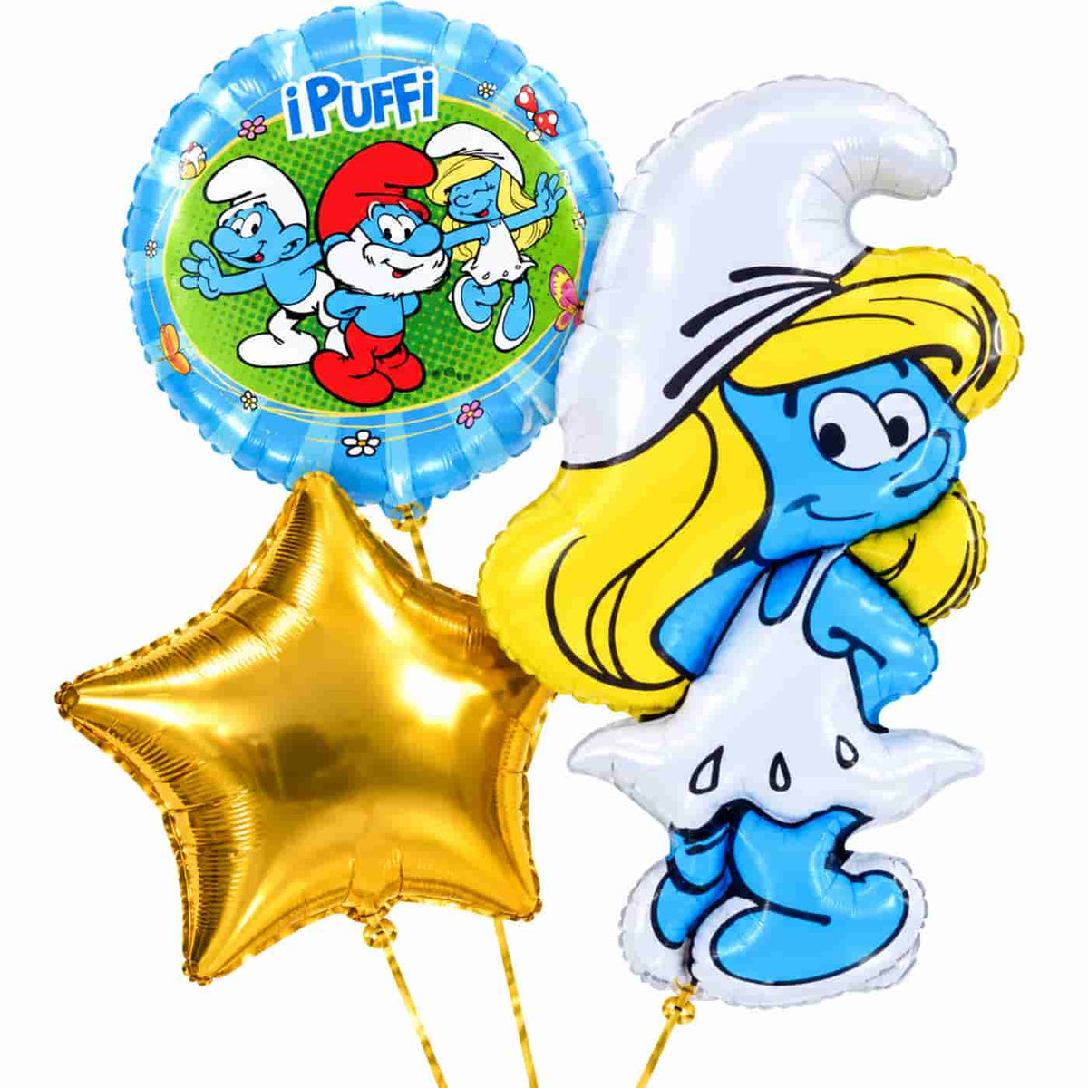 Smurfen Trosje blauw/wit/groen/geel – heliumgevulde ballonnen met dunne gouden lintjes op een witte achtergrond