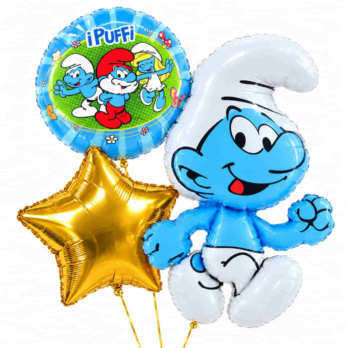 Smurfen Trosje blauw/wit/groen – heliumgevulde ballonnen met dunne gouden lintjes op een witte achtergrond