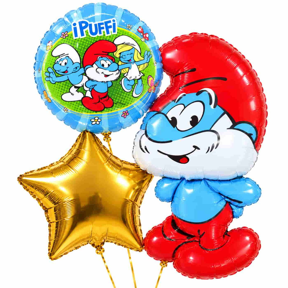 Smurfen Trosje blauw/wit/groen/rood – heliumgevulde ballonnen met dunne gouden lintjes op een witte achtergrond