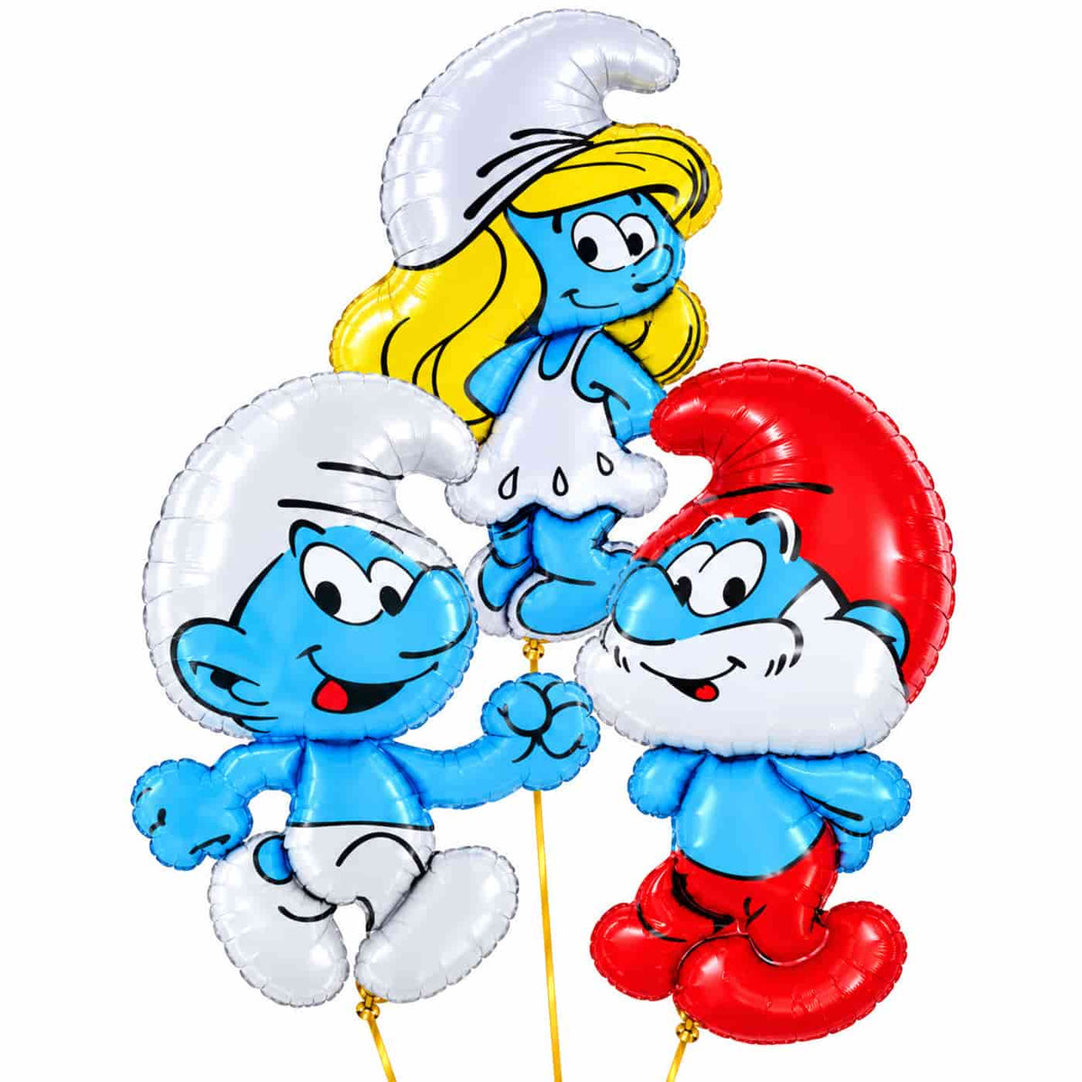 Smurfen Trosje blauw/wit/rood/geel – heliumgevulde ballonnen met dunne gouden lintjes op een witte achtergrond