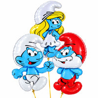 Smurfen Trosje blauw/wit/rood/geel – heliumgevulde ballonnen met dunne gouden lintjes op een witte achtergrond