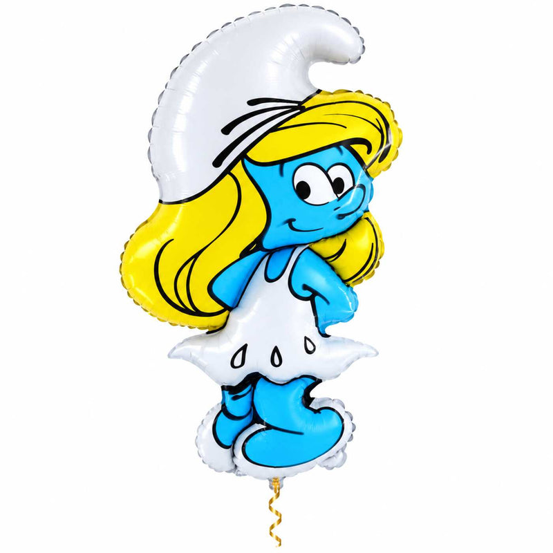 Smurfin Helium XL Ballon met dun metallic gouden lint op witte achtergrond – Ballonnenshop.nl