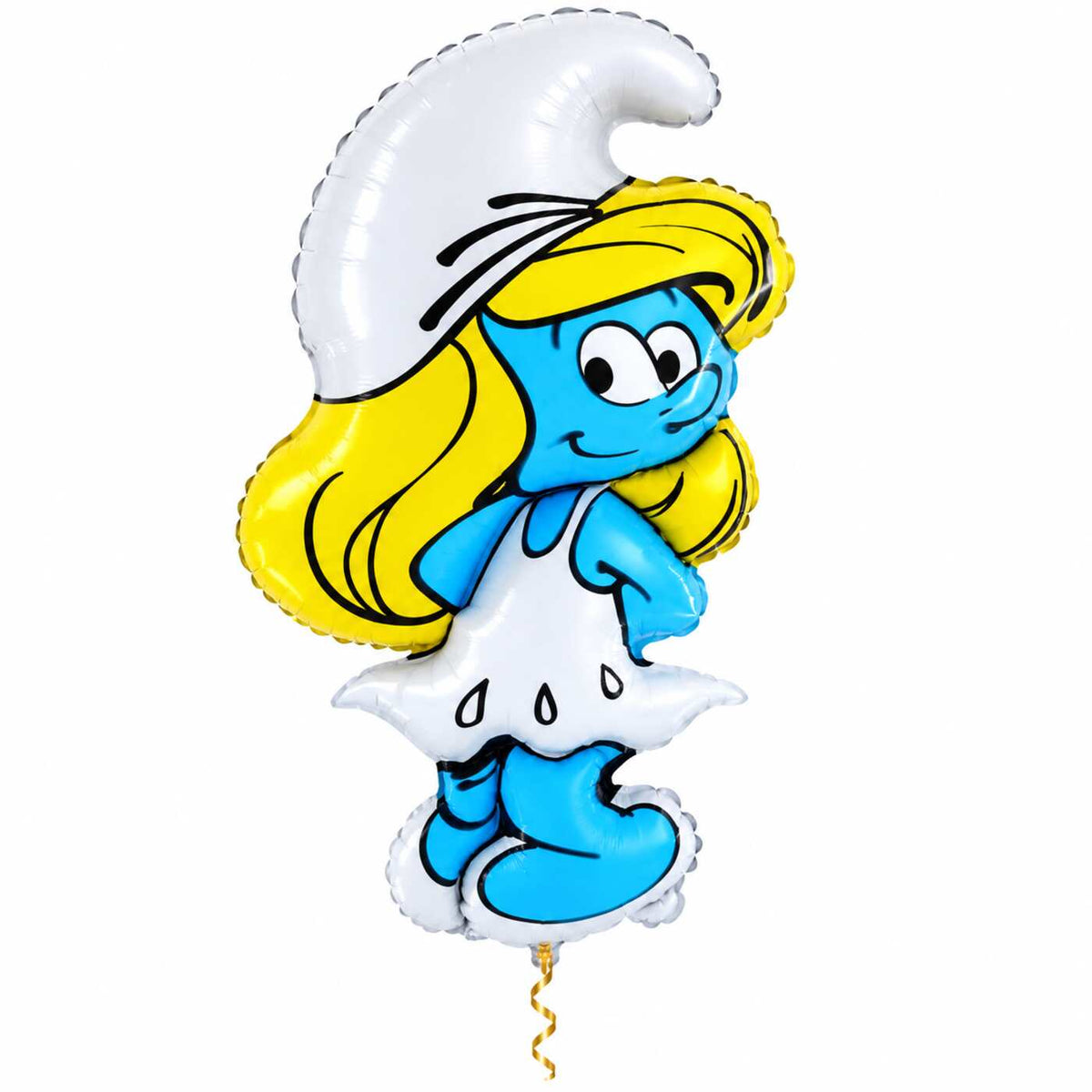 Smurfin Helium XL Ballon met dun metallic gouden lint op witte achtergrond – Ballonnenshop.nl