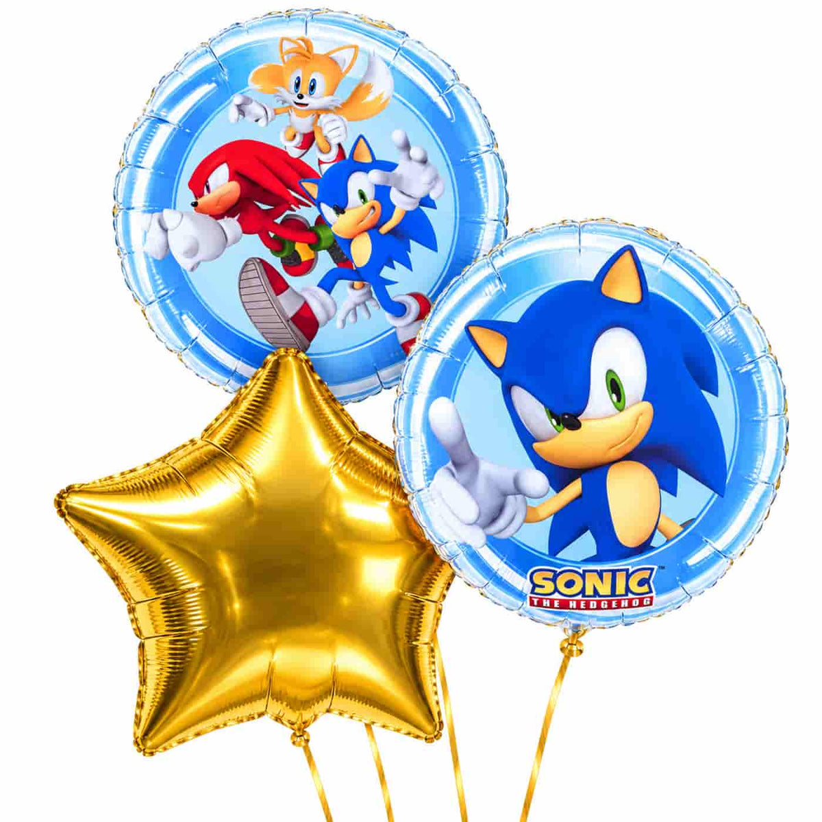 Sonic Trosje – 43 cm – heliumgevulde ballonnen met dunne gouden lintjes op een witte achtergrond