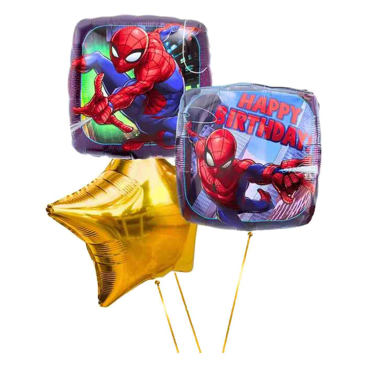 Spiderman Happy Birthday Trosje – heliumgevulde ballonnen met dunne metallic-gouden lintjes op een witte achtergrond