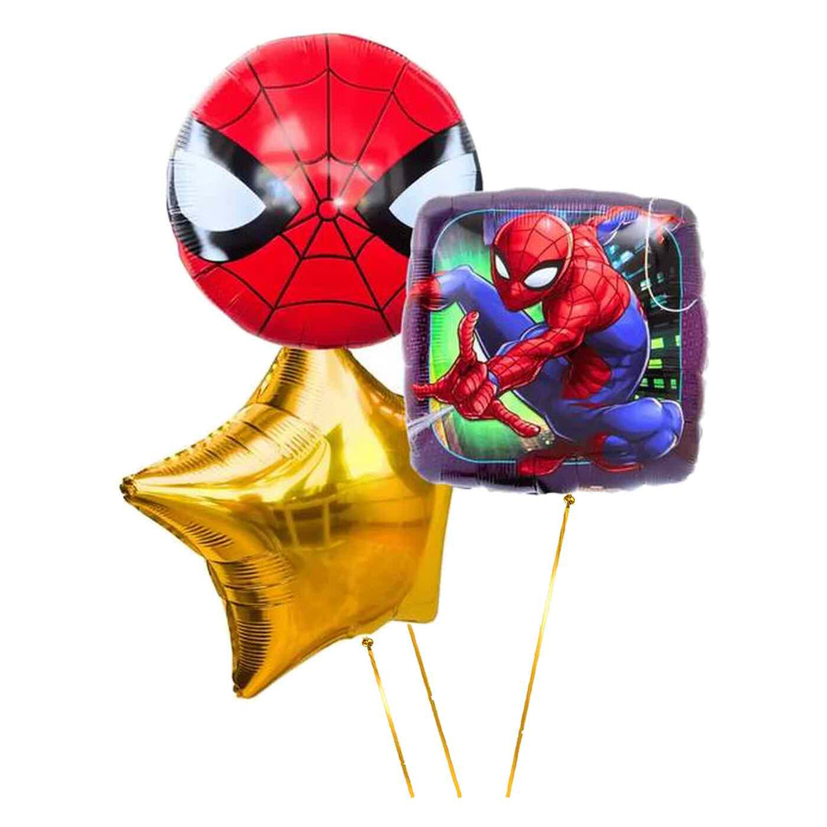 Spiderman Trosje – heliumgevulde ballonnen met dunne metallic-gouden lintjes op een witte achtergrond