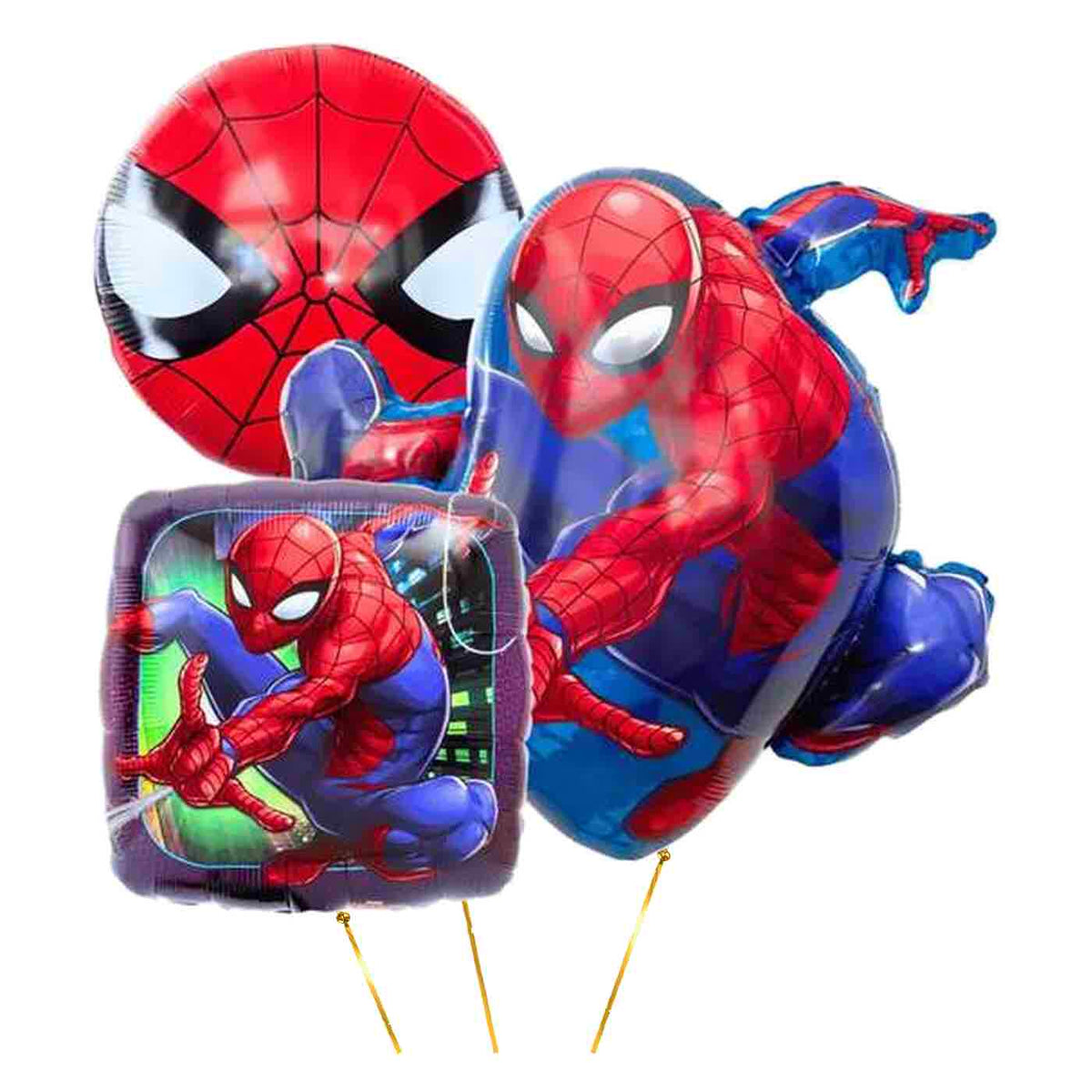 Spiderman XL Trosje – heliumgevulde ballonnen met dunne metallic-gouden lintjes op een witte achtergrond